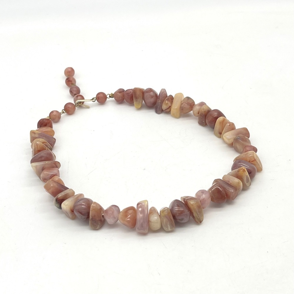Vintage Hong Kong Faux Stone Nugget Necklace Earthy Rust Mauve Beaded 16.5in